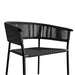 Close Up View Of The Afton Outdoor Dining Chair With Black Cord And Black Frame