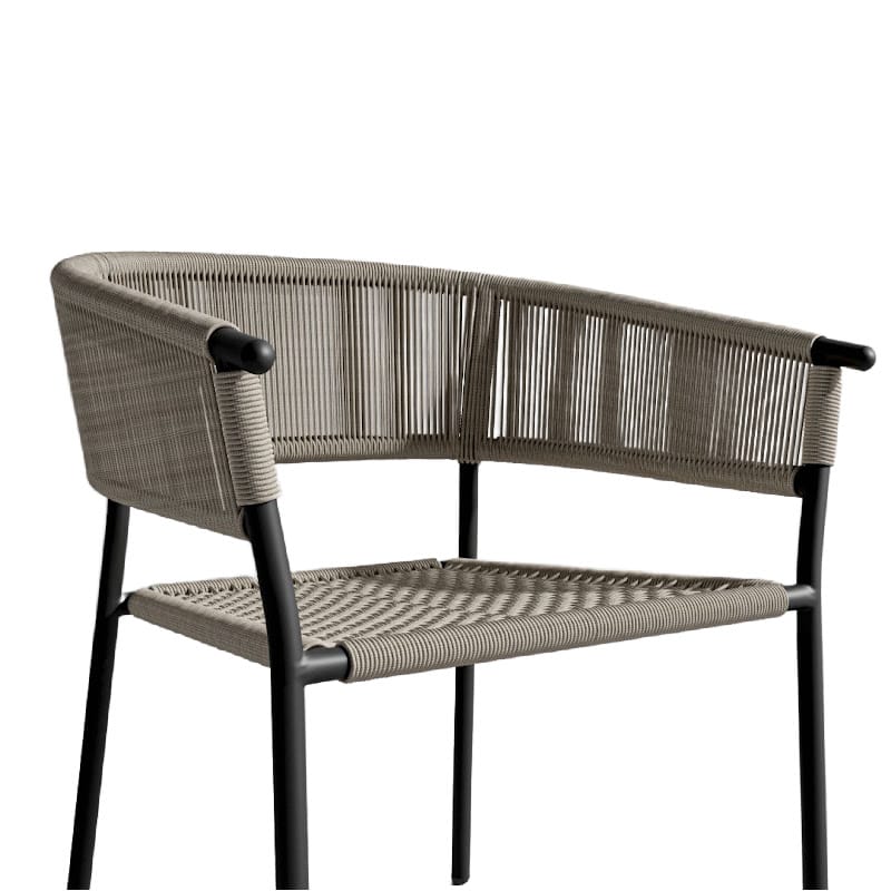 Close Up View Of The Afton Outdoor Dining Chair With Natural Cord And Black Frame