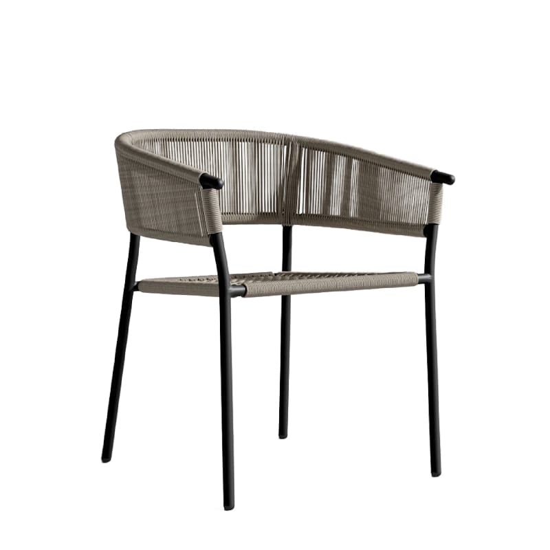 Angled View Of The Afton Outdoor Dining Chair With Natural Cord And Black Frame