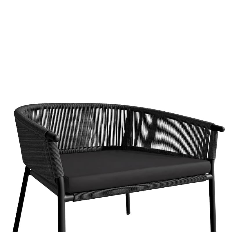 Close Up View Of The Afton Outdoor Lounge Chair With Arcadia Cushion, Black Cord, And Black Frame