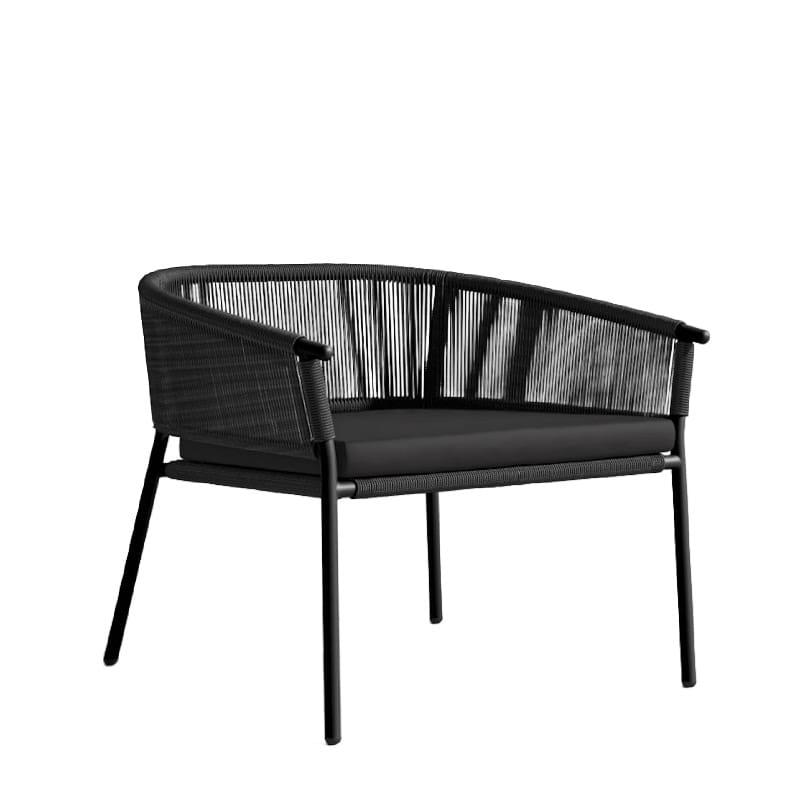 Left Angle View Of The Afton Outdoor Lounge Chair With Arcadia Cushion, Black Cord, And Black Frame