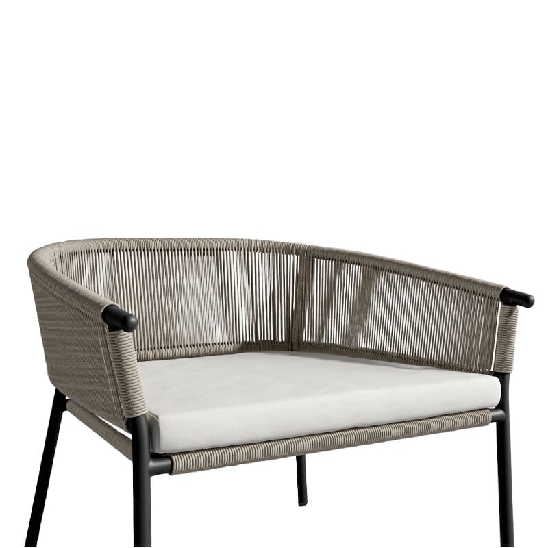Close Up View Of The Afton Outdoor Lounge Chair With Palisades Cushion, Natural Cord, And Black Frame
