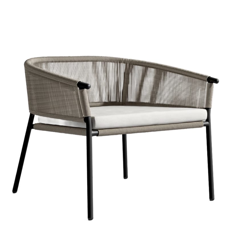 Left Angle View Of The Afton Outdoor Lounge Chair With Palisades Cushion, Natural Cord, And Black Frame