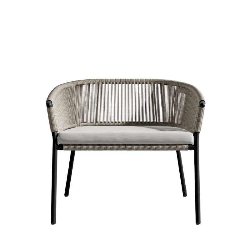 Front Facing View Of The Afton Outdoor Lounge Chair With Palisades Cushion, Natural Cord, And Black Frame