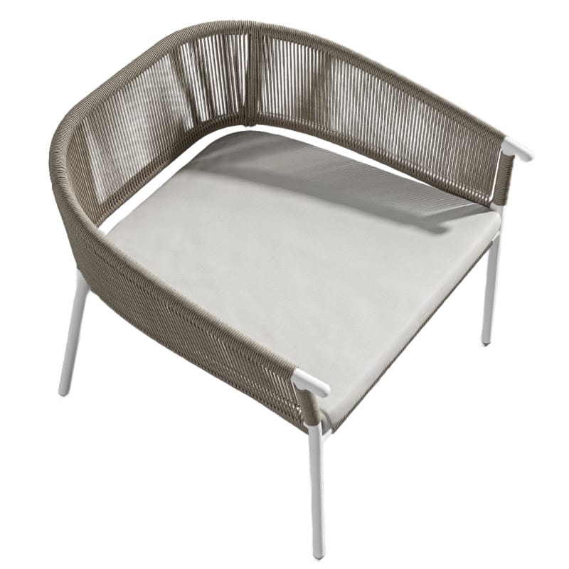 Angled Overhead View Of The Afton Outdoor Lounge Chair With Palisades Cushion, Natural Cord, And White Frame
