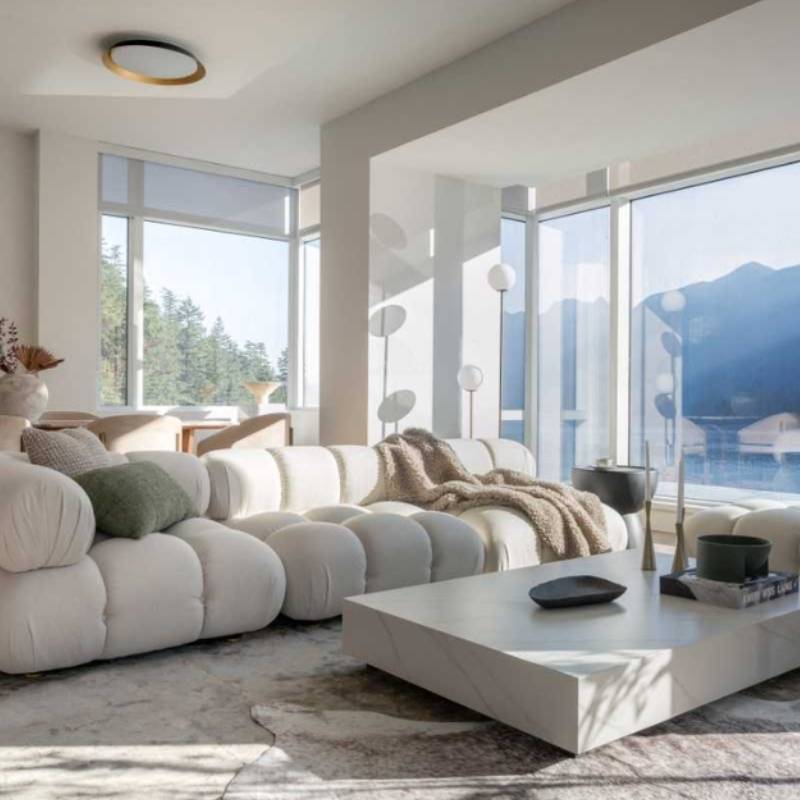Angled View of The Belia Left Arm Modular Sectional Piece With Alesund Fabric Connected to Other Belia Modular Pieces Making a Large Sofa