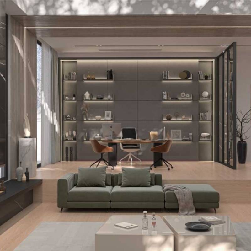 A Berlin Sofa in Moonstone Color and Fabric in a Living Room