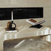Front View of The Cascadia Coffee Table With Alabaster Concrete Surface in a Living Room with Decorative Book on Top