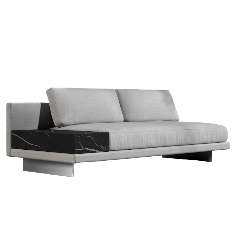 Front Angled View of the Dresden Outdoor Armless Sofa with Side Table in Encino Color and Black Pietra Ceramic Table