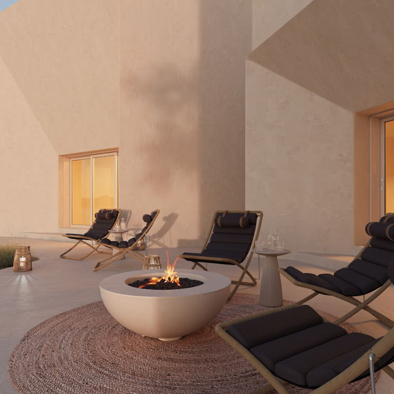 Five Jericho Sling Chairs In Arcadia Color Near a Fire Pit