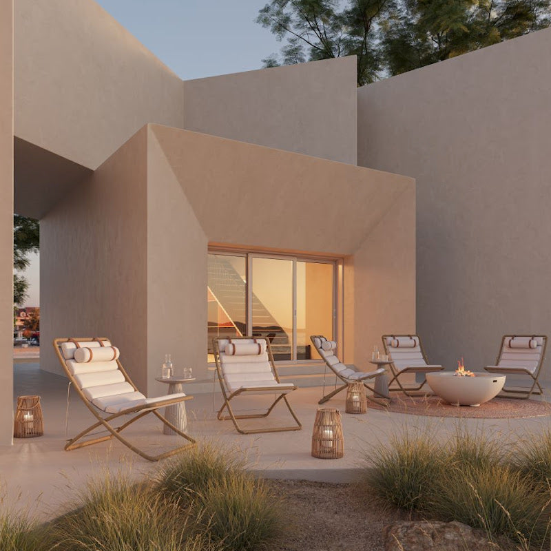 Five Palisades Colored Jericho Sling Chairs In The Backyard Of a Home Next To Fire Pit