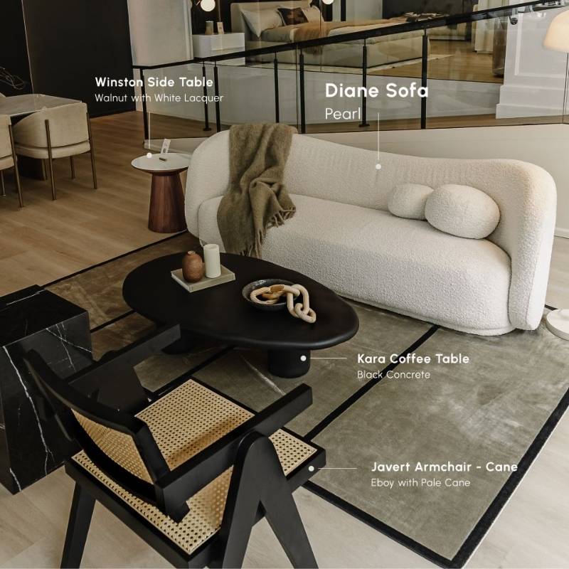 Wide Angle The Kara Coffee Table With Black Concrete Surface With a Diane Sofa and Javert Armchair