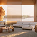 The Orb Coffee Table With Arcadia Wood Finish on a Beach Sand Cabana