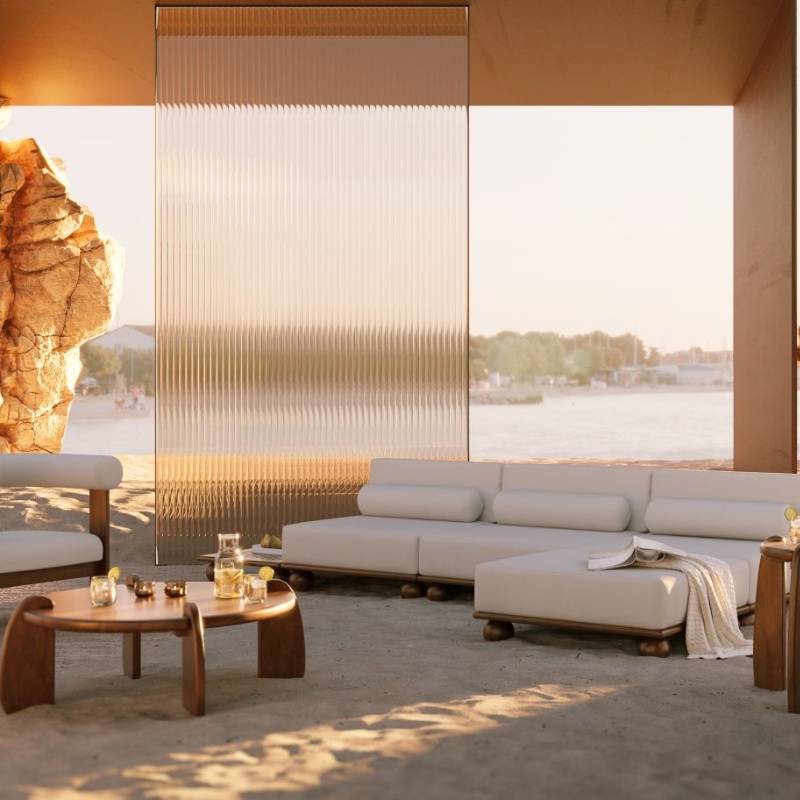 The Orb Coffee Table With Arcadia Wood Finish on a Beach Sand Cabana