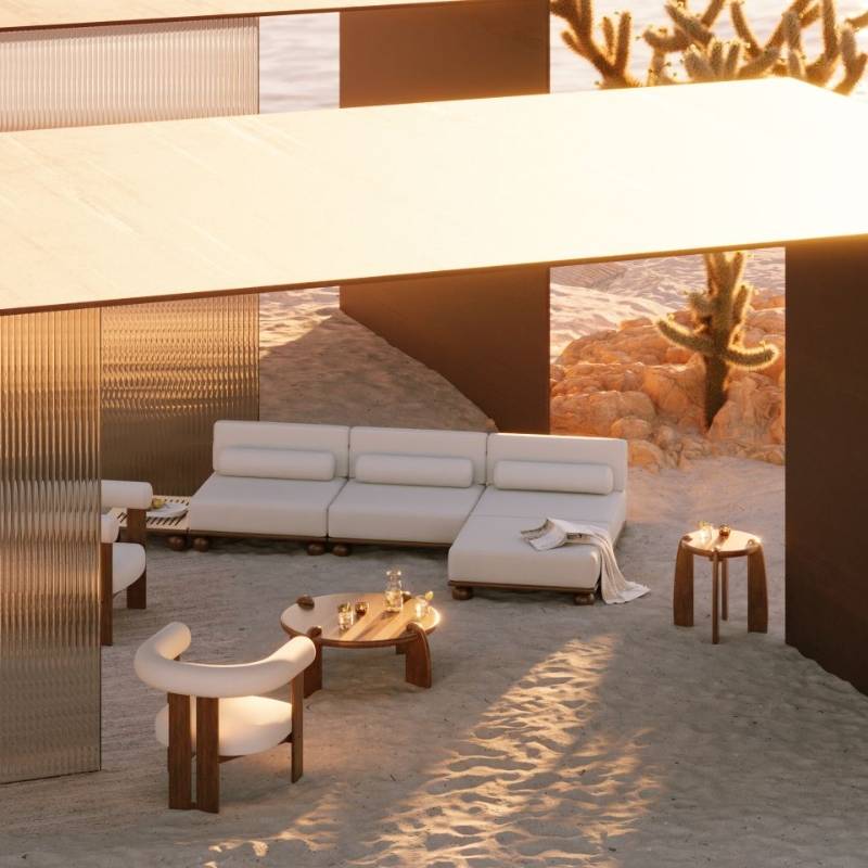 Wide Angle View of The Orb Coffee Table With Arcadia Wood Finish on a Beach Sand Cabana