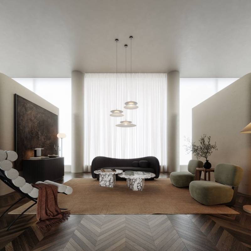 Wide Angle View of The Romulus Nesting Coffee Table in Viola Marble in the Middle of a Living Room