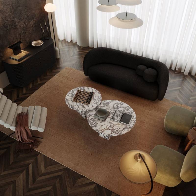 Wide Angle Top View of The Romulus Nesting Coffee Table in Viola Marble in a Living Room
