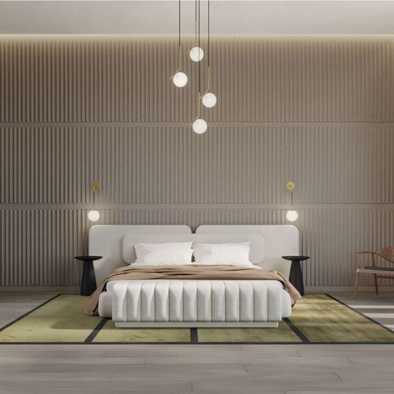 Front Facing of The Angelo Bed With Alesund Fabric and a Berlin Bench at Base of Bed