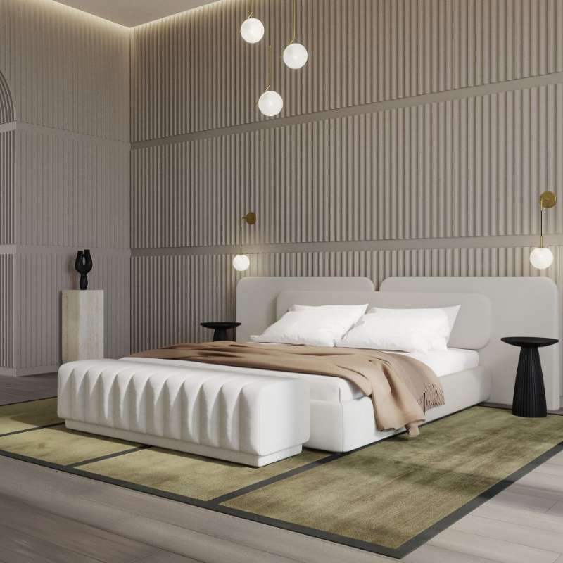 Righ Side Angled View of The Angelo Bed With Alesund Fabric and a Berlin Bench