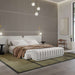 Angled View of The Angelo Bed With Alesund Fabric and a Berlin Bench