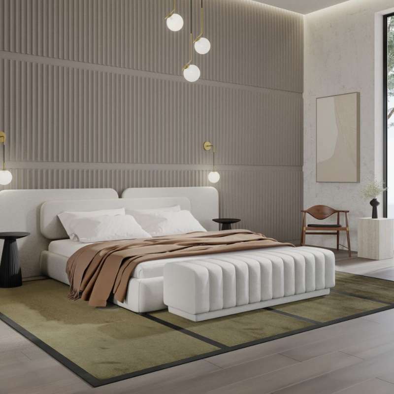 Angled View of The Angelo Bed With Alesund Fabric and a Berlin Bench