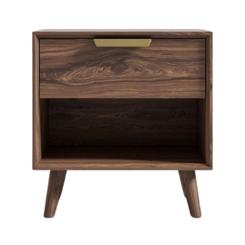 Front Facing View of The Asher Single Drawer Nightstand With Walnut Veneer Finish