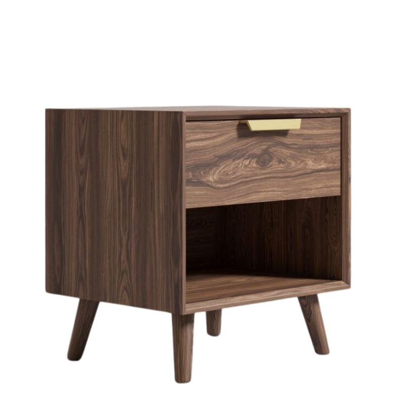 Angled View of The Asher Single Drawer Nightstand With Walnut Veneer Finish