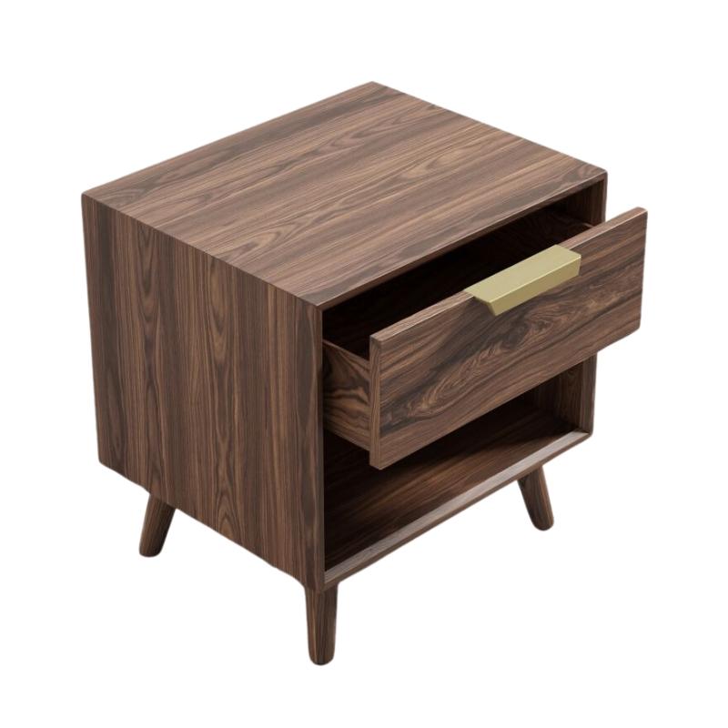 Top  View of The Asher Single Drawer Nightstand With Walnut Veneer Finish and Drawer Open