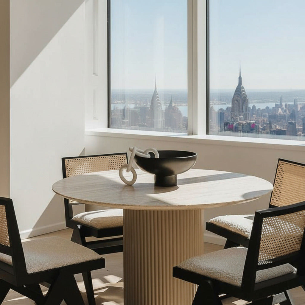 Close Up of The Athena Dining Round Table In White Travertine and Alabaster Matte Lacquer Wood Finish in a Dining Room