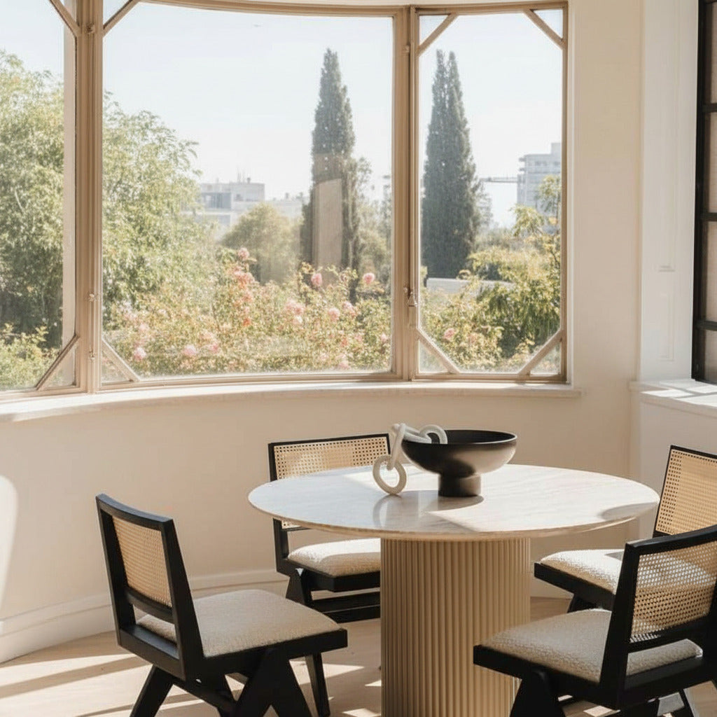 The Athena Dining Round Table In White Travertine and Alabaster Matte Lacquer Wood Finish in a Dining Room