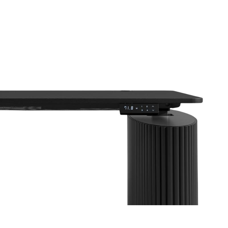 Close Up View of The Athena Standing Desk Set With Black Base and Ebony Wood Finish and Digital Controller
