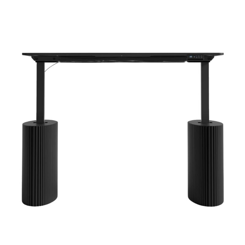 Front Facing View of The Athena Standing Desk Set With Black Base and Ebony Wood Finish With Lifted Desk