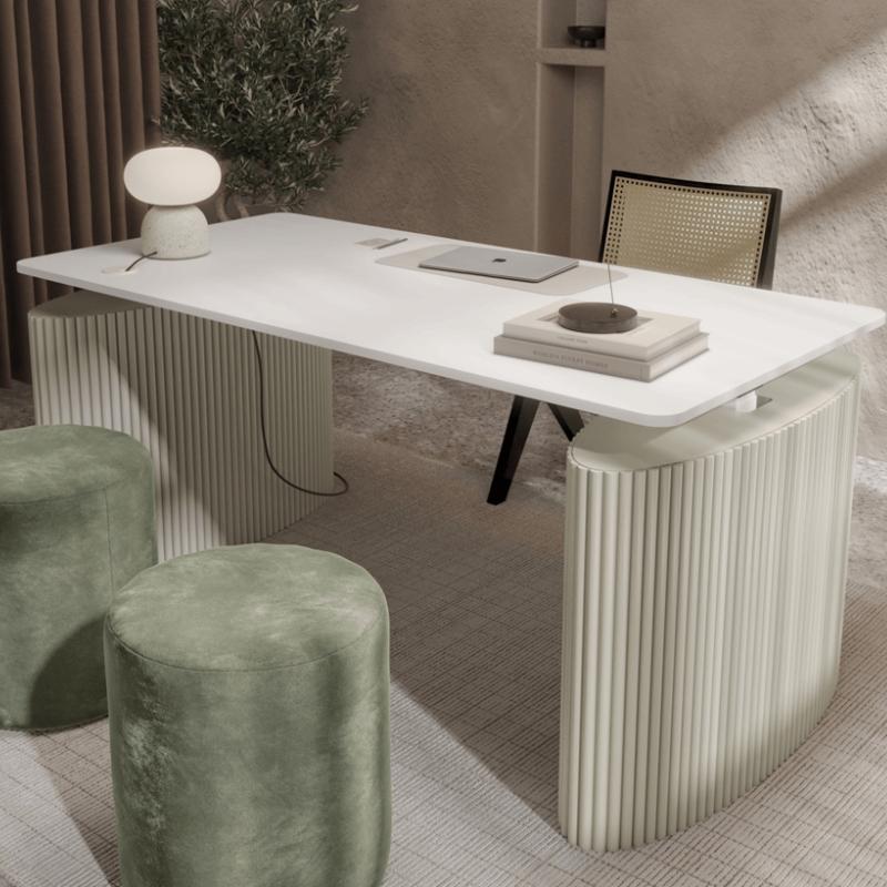 Close Up View of The Athena Standing Desk Set With White Desk and Alabaster Matte Lacquer Wood Finish in an Office