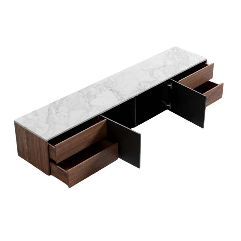 The Augustus TV Stand With White Marble With All Doors and Draws Open