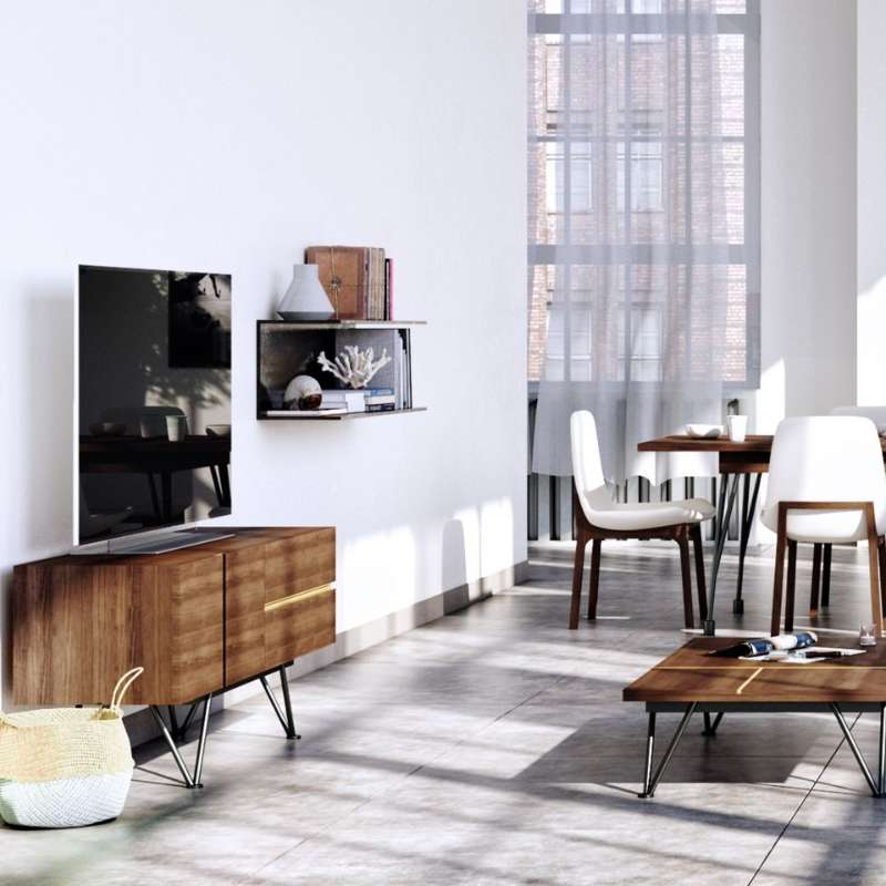 The Bennett Media Console 55 inch In Walnut Veneer in Living Room Setting
