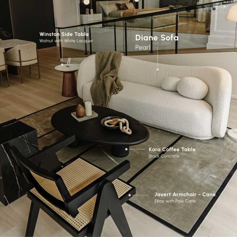 The Diane Sofa in Pearl Fabric and Color Next to a Coffee Table
