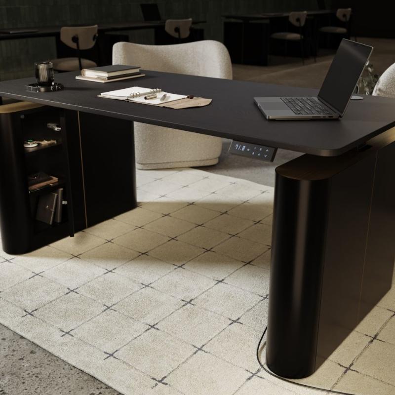 Front Facing View of a Lowered Eryk/Athena E-Standing Desk in Black With an Eryk Standing Desk Base