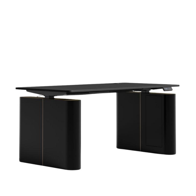 Angled Side Facing View of The Eryk Standing Desk Base Set in Ebony Wood Finish With Lowered Desk Top 