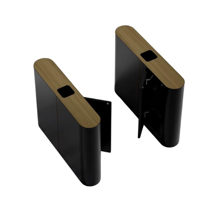 Top View of The Eryk Standing Desk Base Set in Ebony Wood Finish With Doors Open