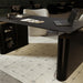 Close Up View of The Eryk Standing Desk Set in Black With Lowered Desk Top and Doors Open in an Office