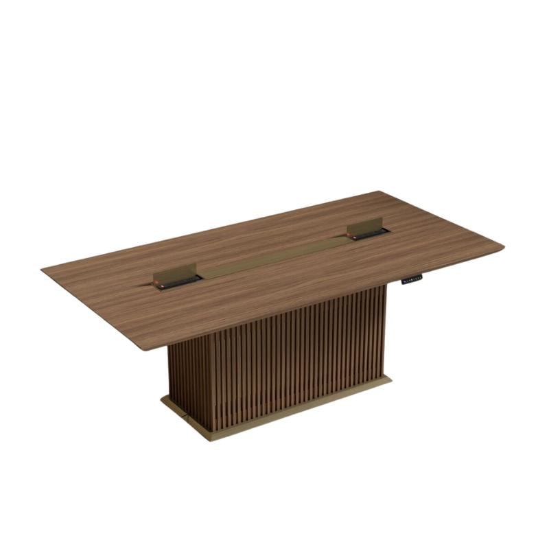 Top View of The Georgio Conference Table in Walnut Veneer Finish With Hidden Compartments for Outlets Open
