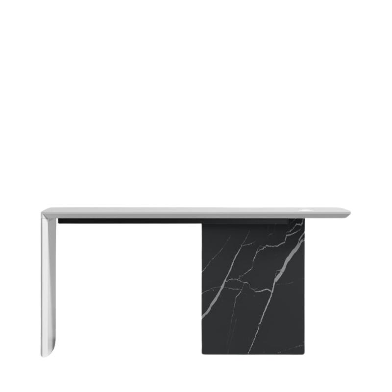Front Facing View of The Gia Desk With Glossy White Lacquer Finish and Black Pietra Ceramic Base