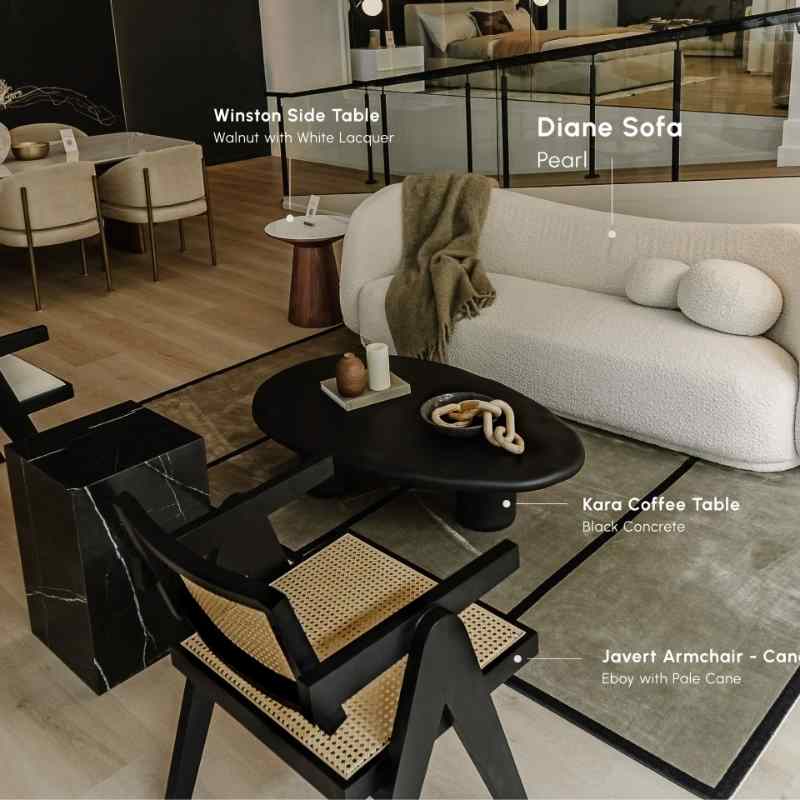 Two Javert Armchairs in Ebony and Pale Cane in a Living Room Facing a Sofa
