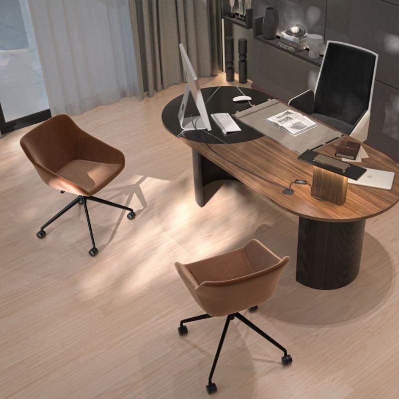 Top View of The Julian Office Chair in Black Fabric Next to a Desk