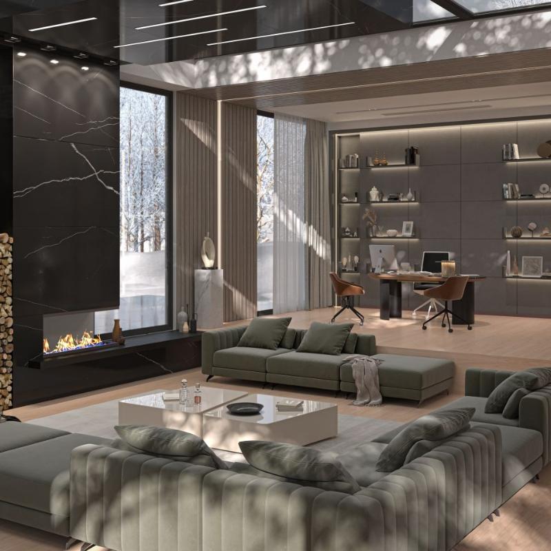 The Julian Office Chair in Black Fabric in the Background Next to a Desk