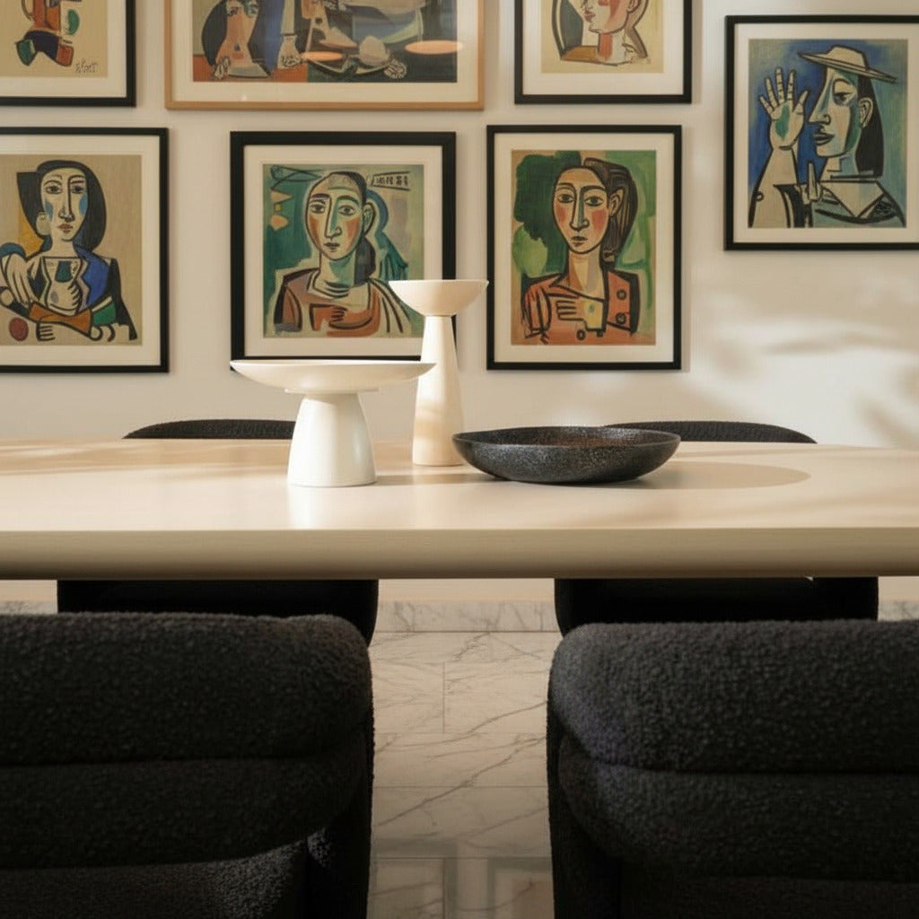 Close Up Front Facing View of The Osten Table in Alabaster Matte Lacquer Finish and Alabaster Concrete Base in a Dining Room