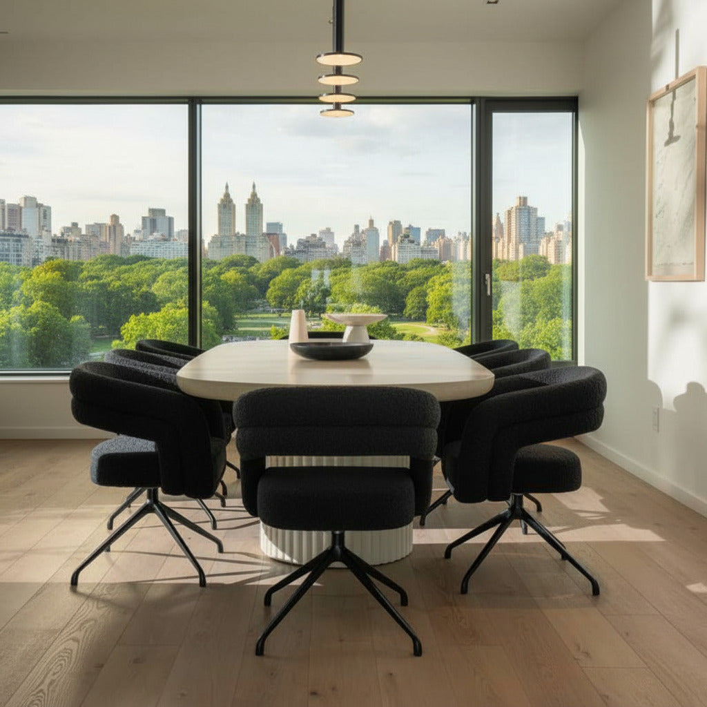 Side  Facing View of The Osten Table in Alabaster Matte Lacquer Finish and Alabaster Concrete Base in a Dining Room With Windows