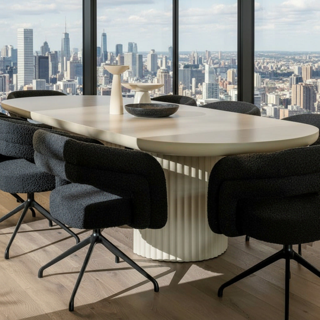 Angled View of The Osten Table in Alabaster Matte Lacquer Finish and Alabaster Concrete Base in a Dining Room With Wood Floors