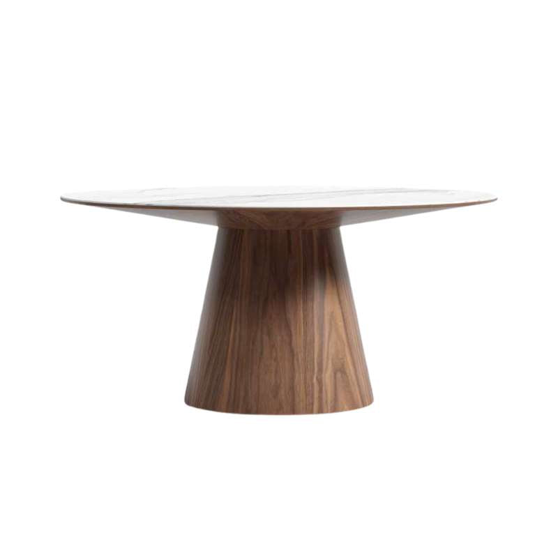 Front Facing View of The Winston Dining Table 63 inch in White Calacatta Ceramic Surface and Walnut Veneer Base