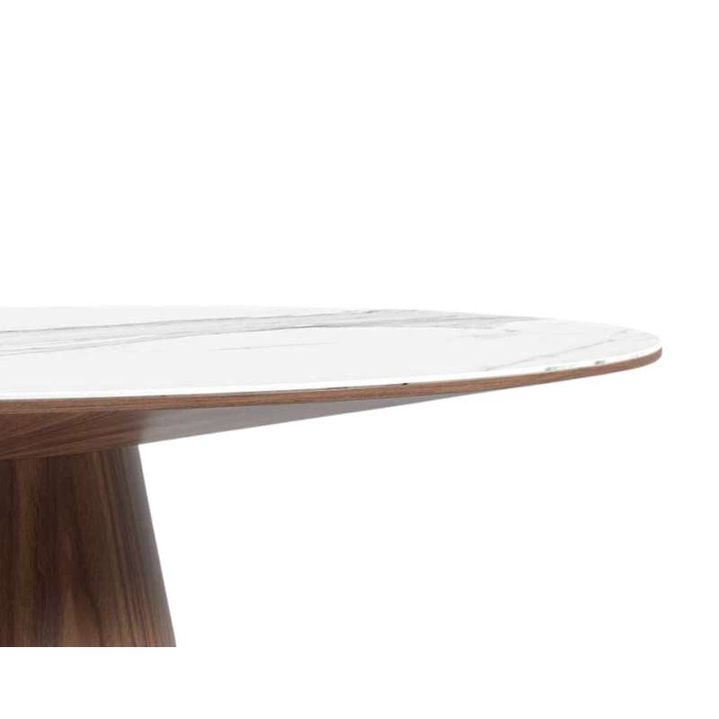 Close up View of The Winston Dining Table 63 inch in White Calacatta Ceramic Surface and Walnut Veneer Base